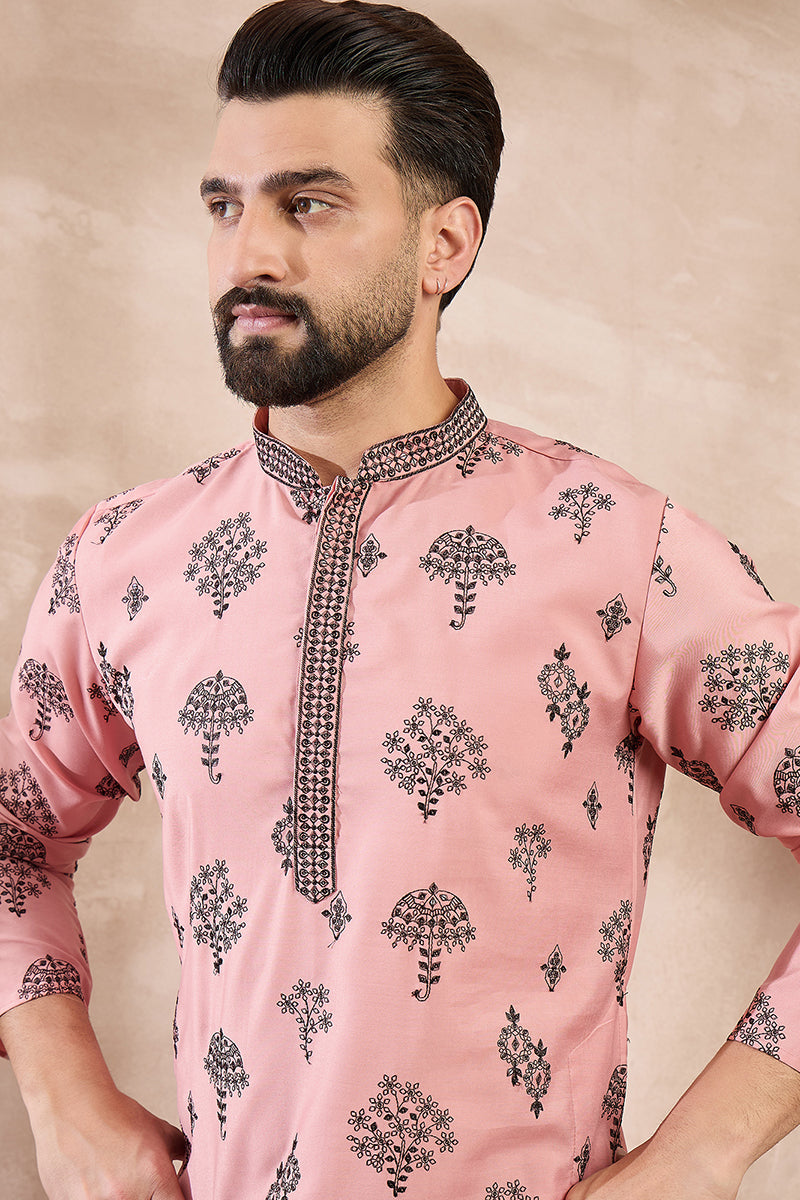 Peach Silk Blend Solid Embroidered Straight Kurta | SHOBITAM