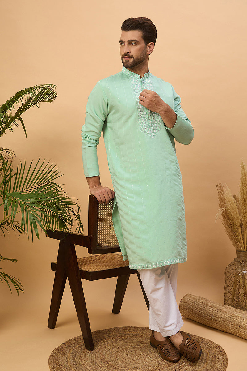 Blue Silk Blend Solid Embroidered Straight Kurta | SHOBITAM