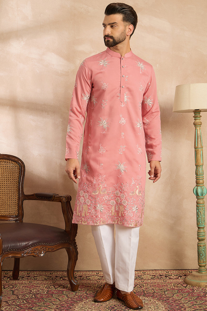 Pink Cotton Solid Embroidered Straight Kurta | SHOBITAM
