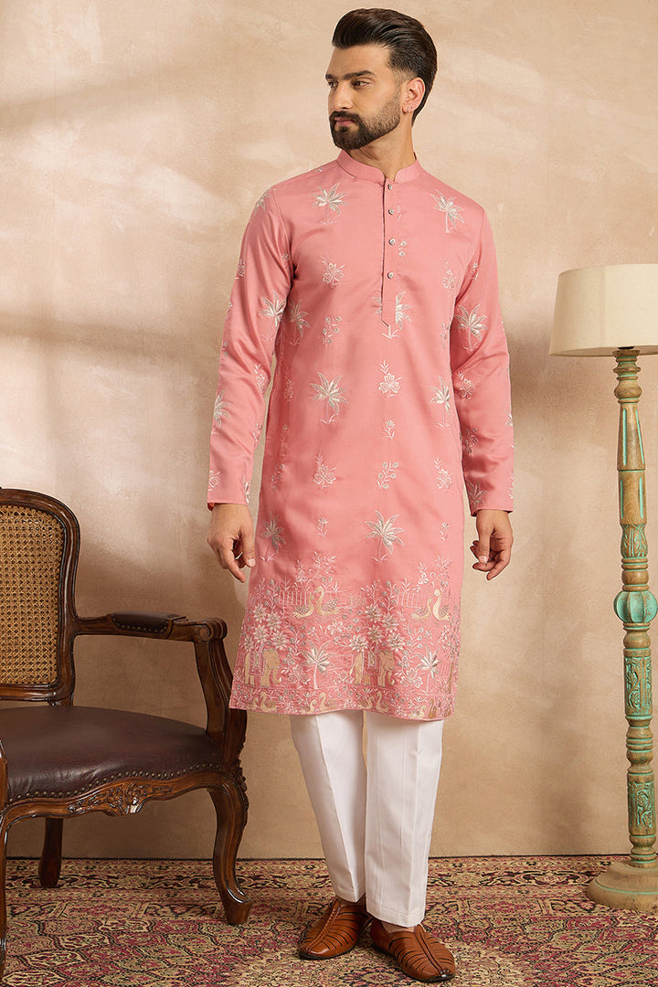Pink Cotton Solid Embroidered Straight Kurta | SHOBITAM