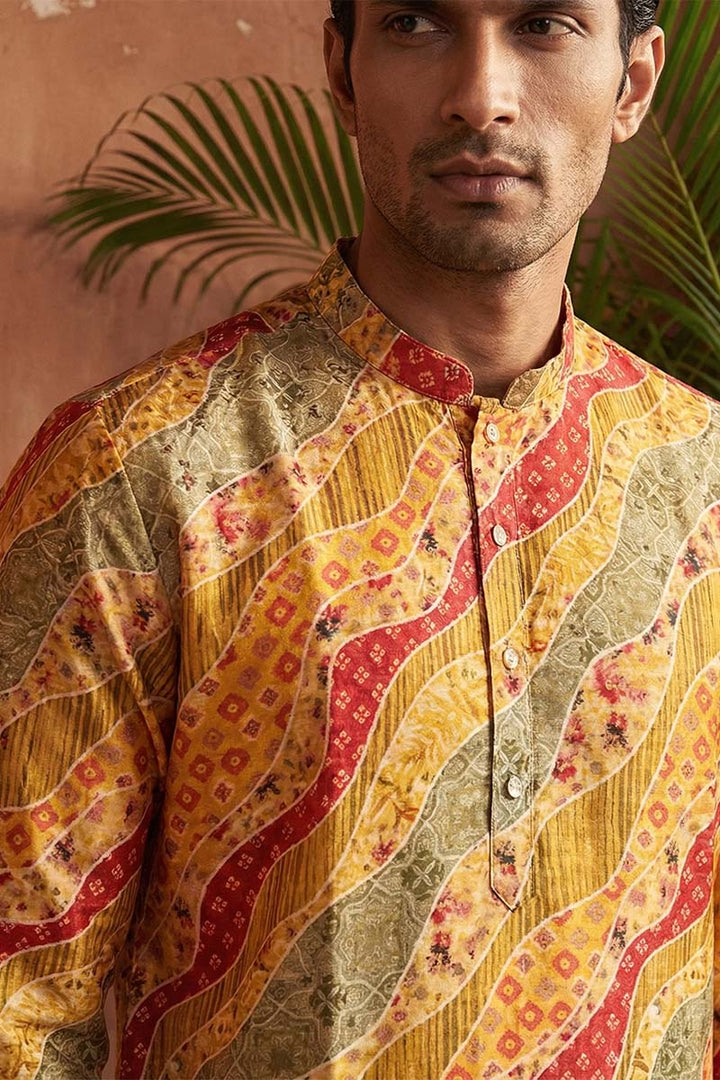Yellow Silk Blend Printed Straight Kurta | SHOBITAM