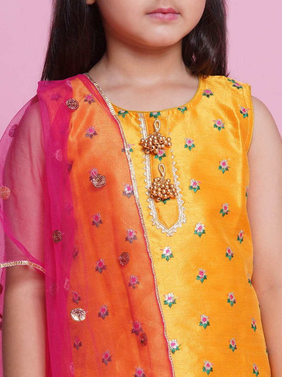 Mulberry Semi-Silk Sleeveless Floral Choti Buti Embroidery Kurta with Salwar & Dupatta - Yellow and Pink