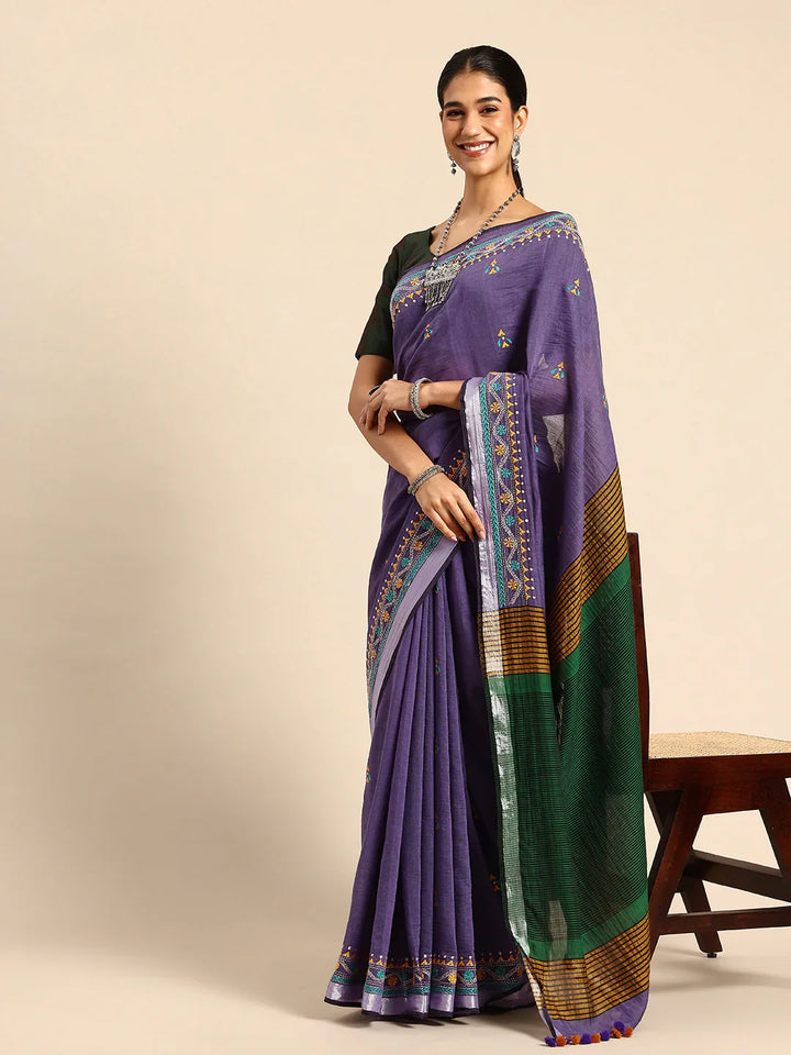 Violet Handloom Cotton Saree with Kantha Embroidery
