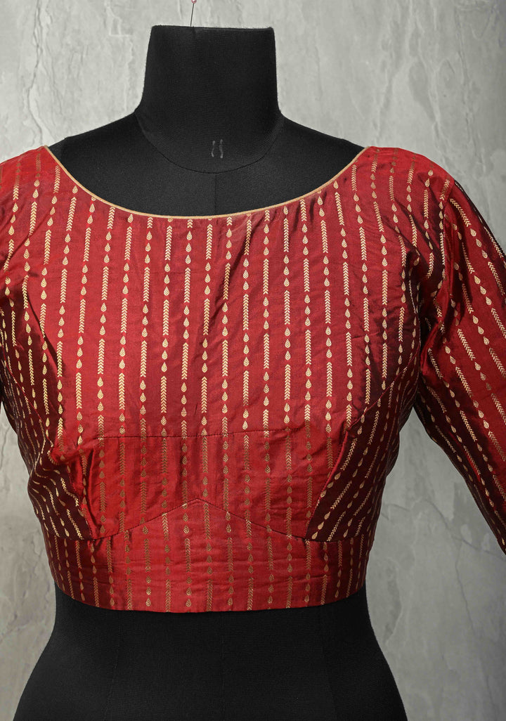 SIZE 42" Maroon Pure Silk Boat Neck Blouse with Zari Ornated Stripes and 3/4  Sleeves