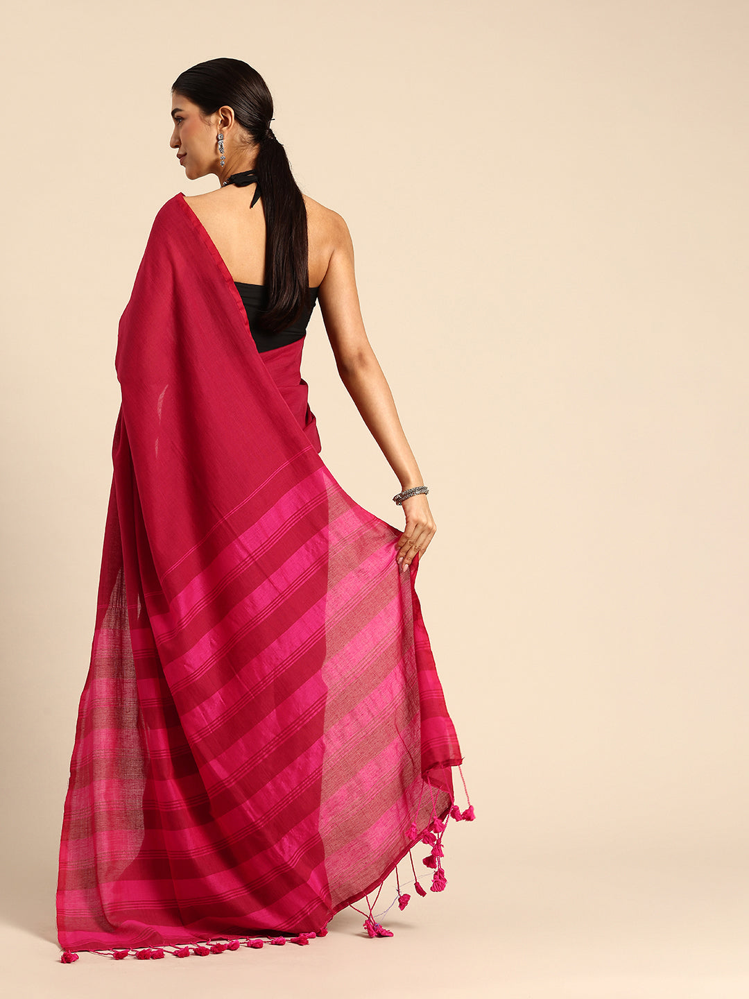 Maroon Magenta Solid Cotton Saree with Blouse piece | SHOBITAM