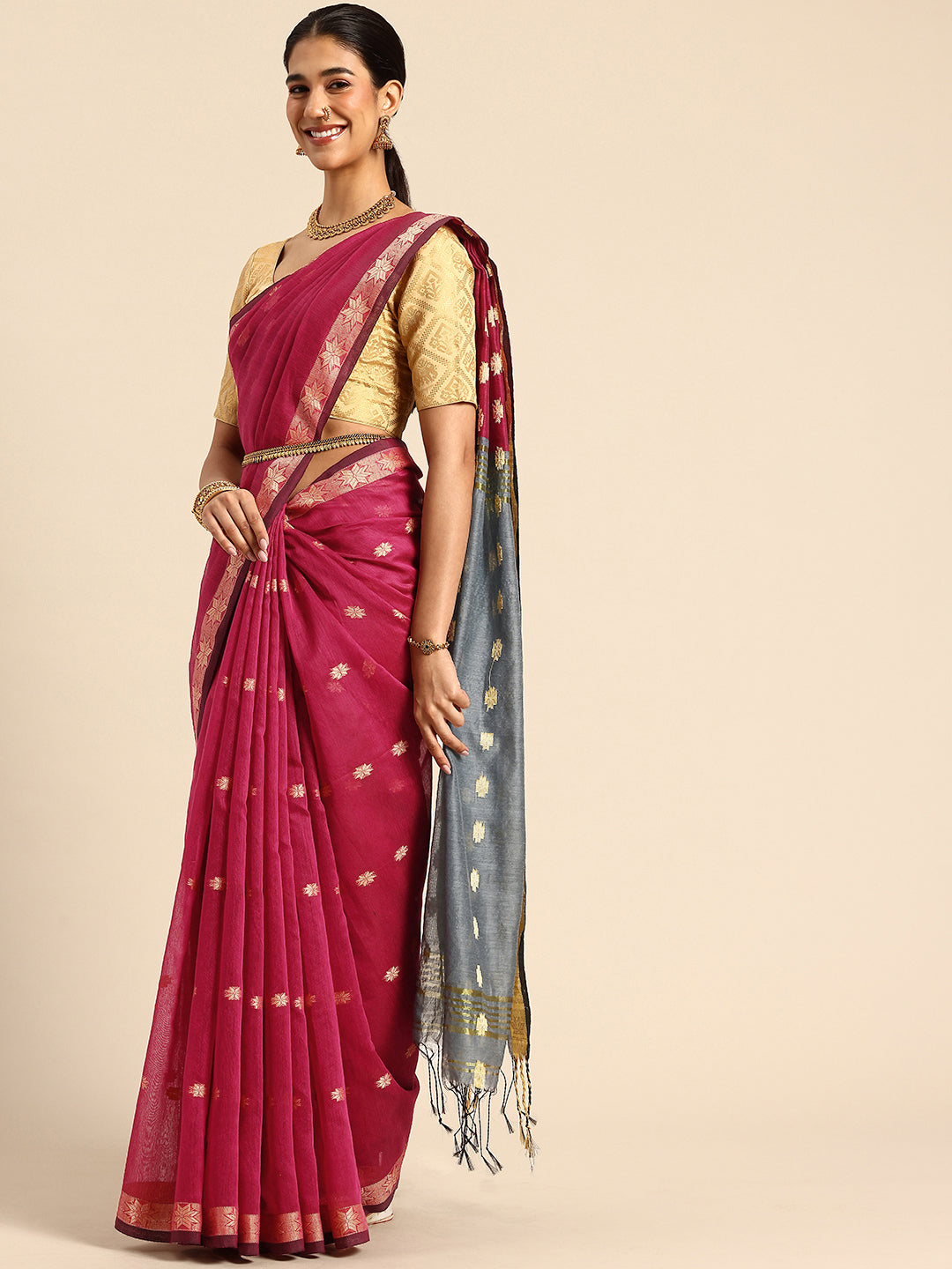 Magenta & Grey Zari Buti Silk Cotton Saree with blouse piece | SHOBITAM