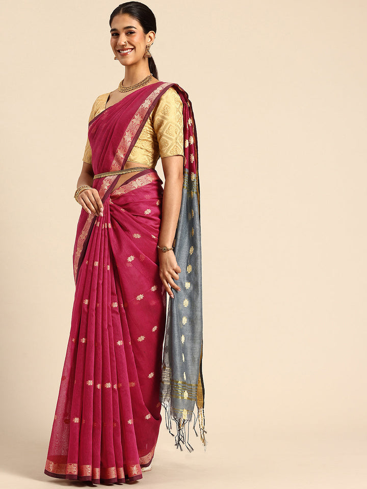 Magenta & Grey Zari Buti Silk Cotton Saree with blouse piece | SHOBITAM
