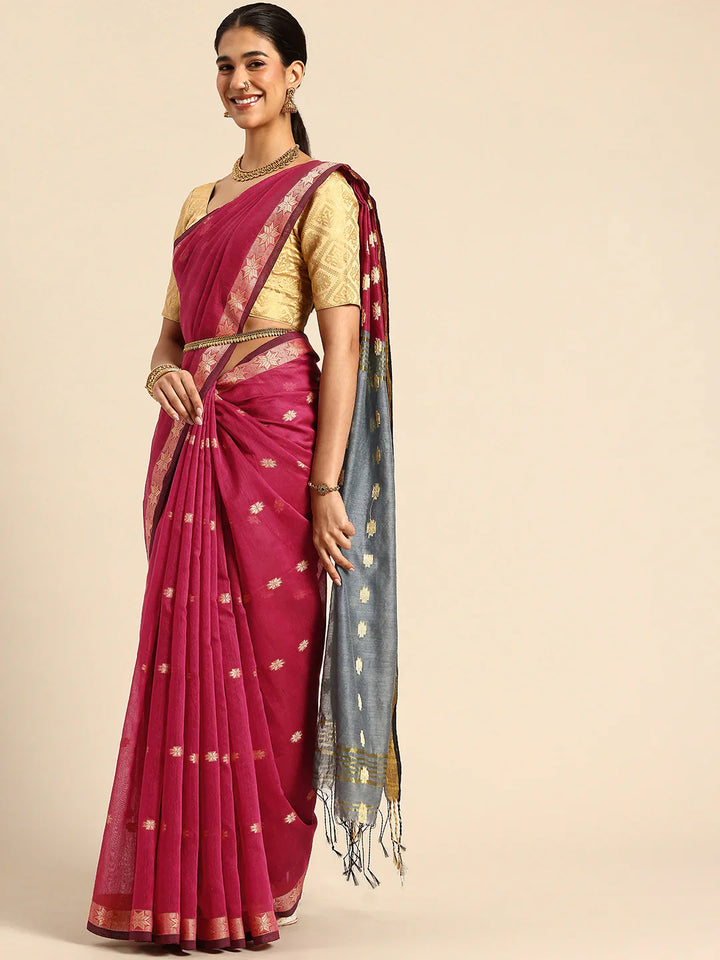 Magenta and Grey Zari Buti Silk Cotton Saree with Zari Border and Blouse Piece