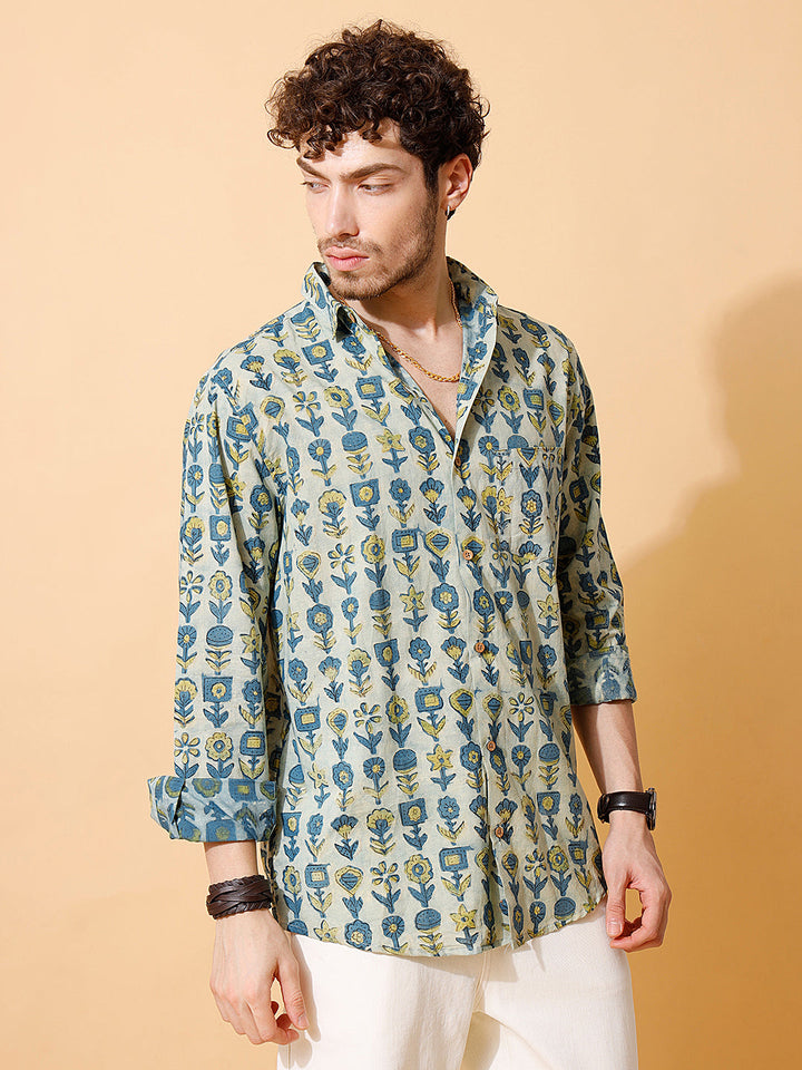 Indigo Dusk Ajrakh Full Sleeve Cotton Shirt in Indigo for Men