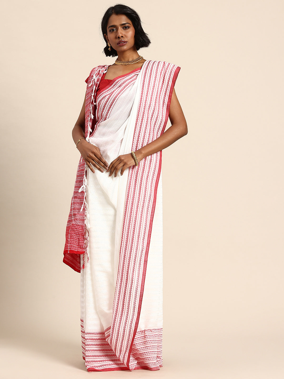 White Red Cotton Saree with Blouse piece | SHOBITAM
