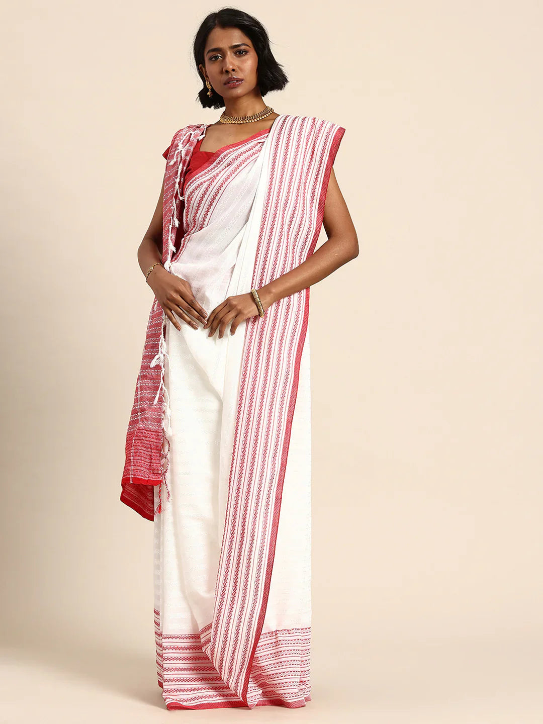 White-Red Cotton Saree with Blouse piece