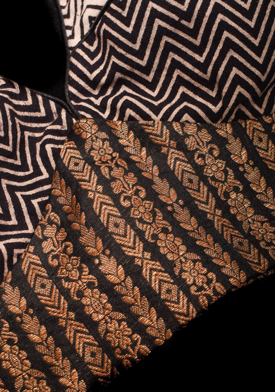 Black Banarasi antique zari blouse with Hand block print cotton detailing and  V neck Front