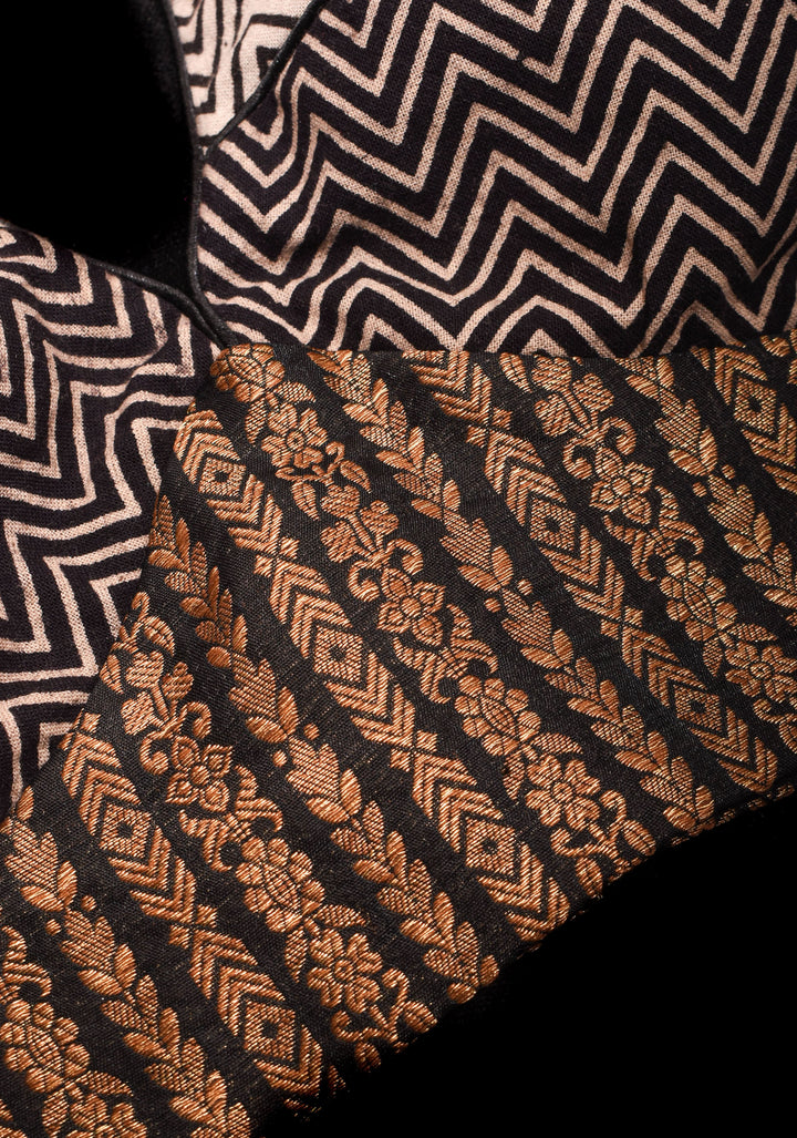 Black Banarasi antique zari blouse with Hand block print cotton detailing and  V neck Front