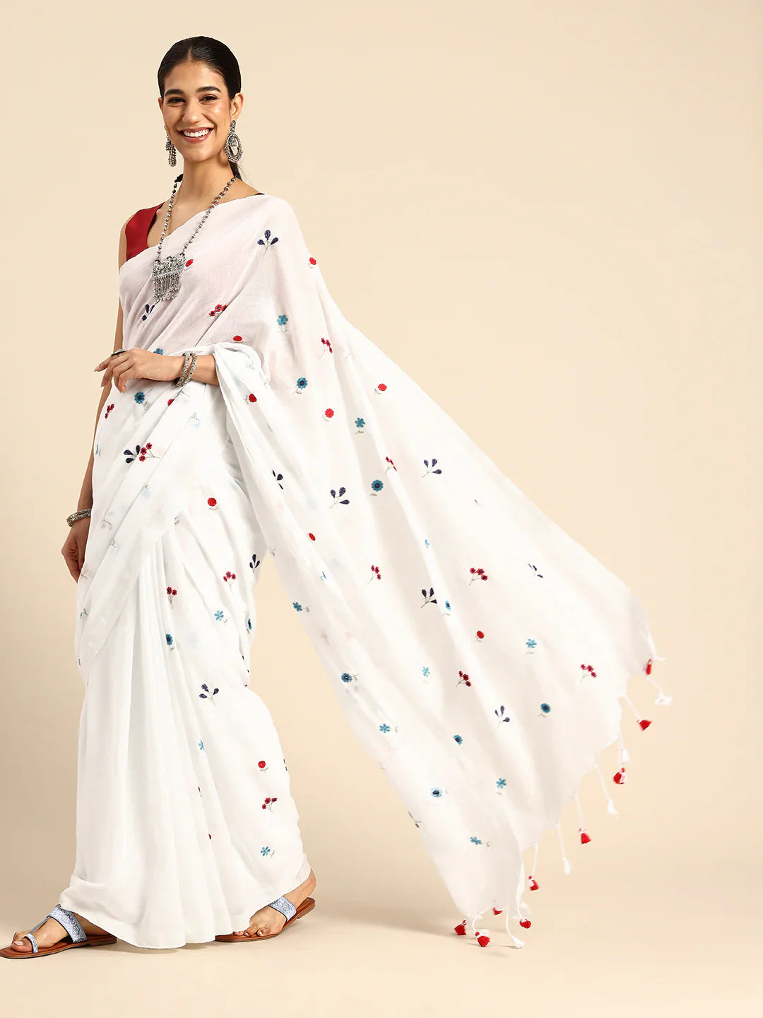 White Floral Cotton Saree