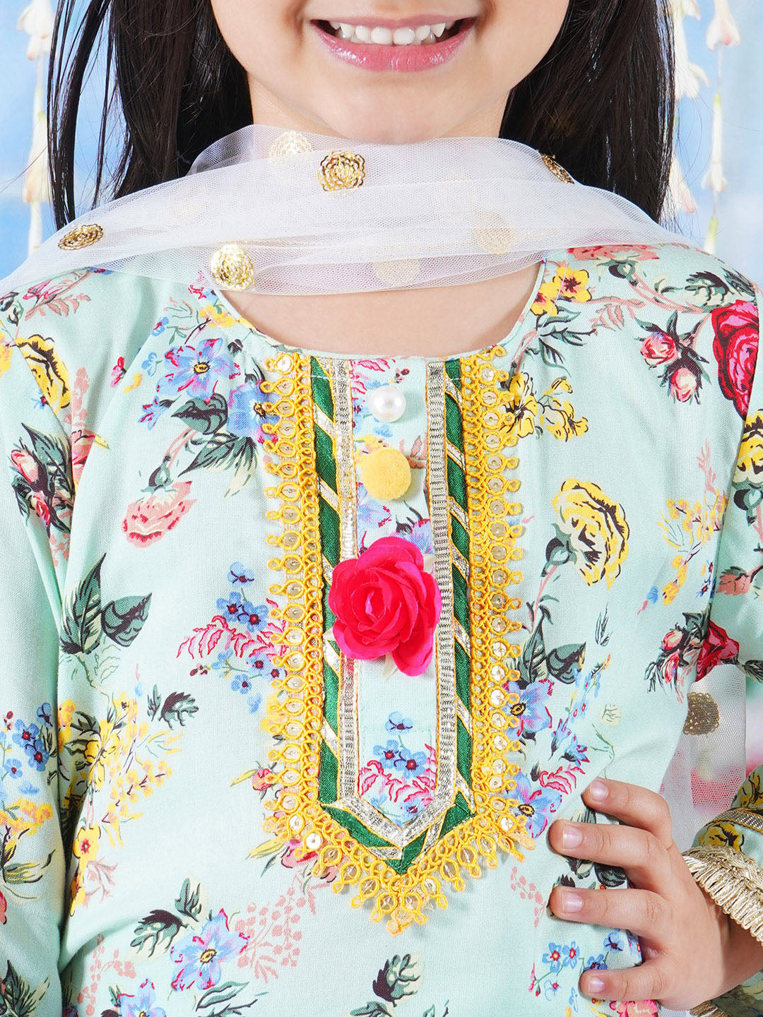Girls Cotton Full Sleeves Kurta Sharara and Dupatta with Rose Floral Print, Lace & Floral Work - Green | SHOBITAM