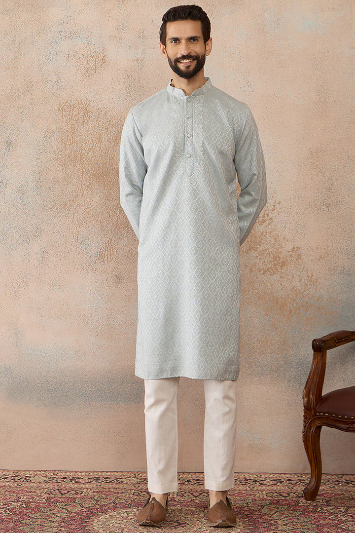 Mens Blue Linen Self Design Embroidered Kurta With Trouser | SHOBITAM