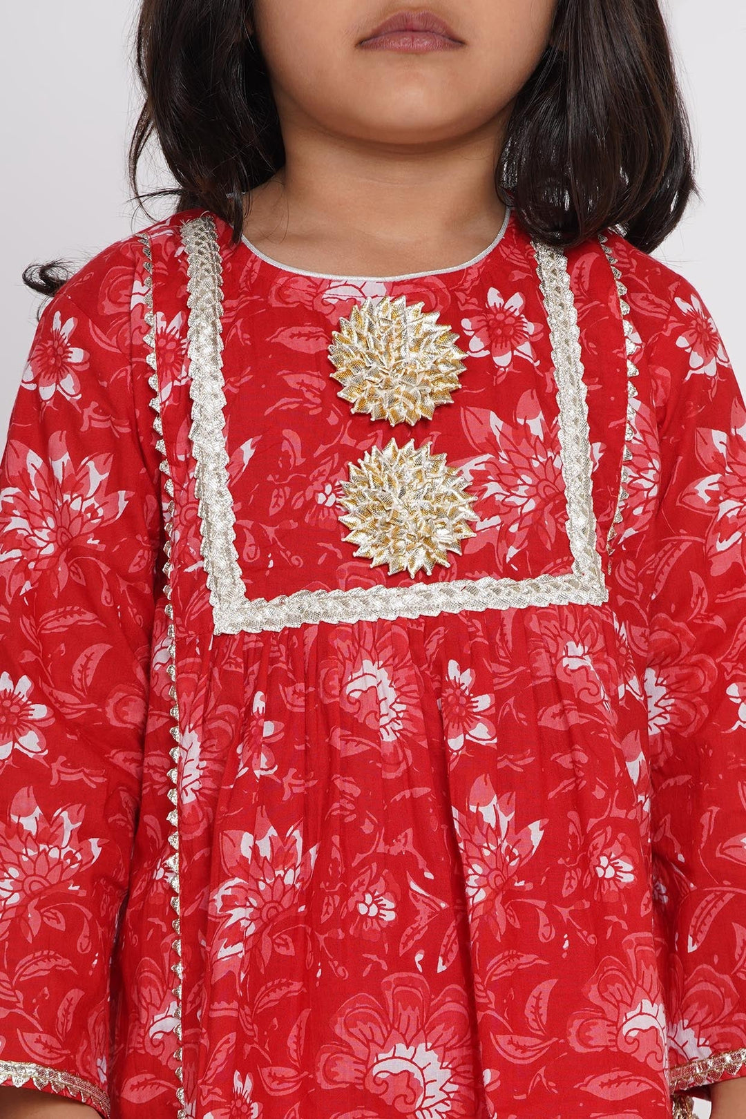 Girls Hand Gotawork Floral Kurta with Red Plazzo & White Dupatta  | SHOBITAM