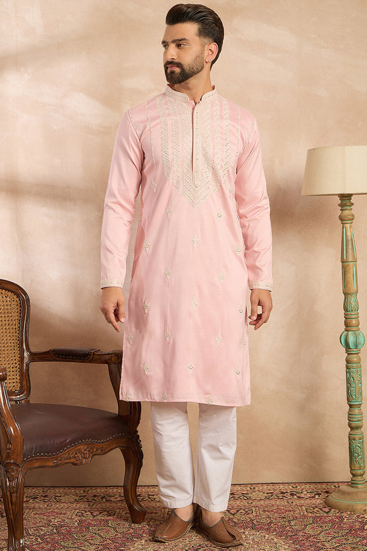 Pink Silk Geometric Embroidered Straight Kurta With Trouser | SHOBITAM