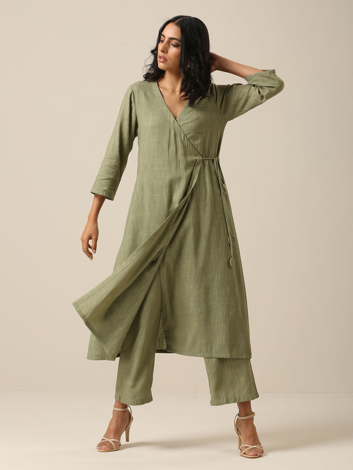 Sage Slub Texture Angrakha Pant Set | SHOBITAM