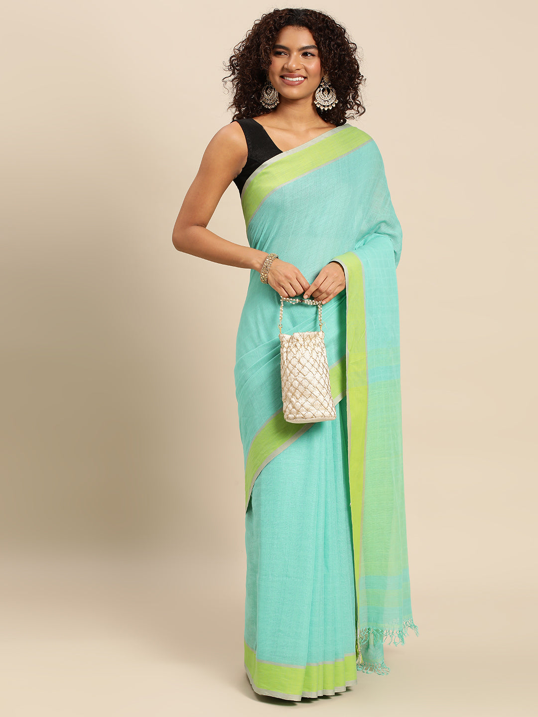 Sea Green Cotton Saree | SHOBITAM