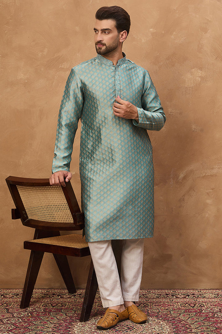 Blue Silk Blend Solid Woven Design Straight Kurta | SHOBITAM