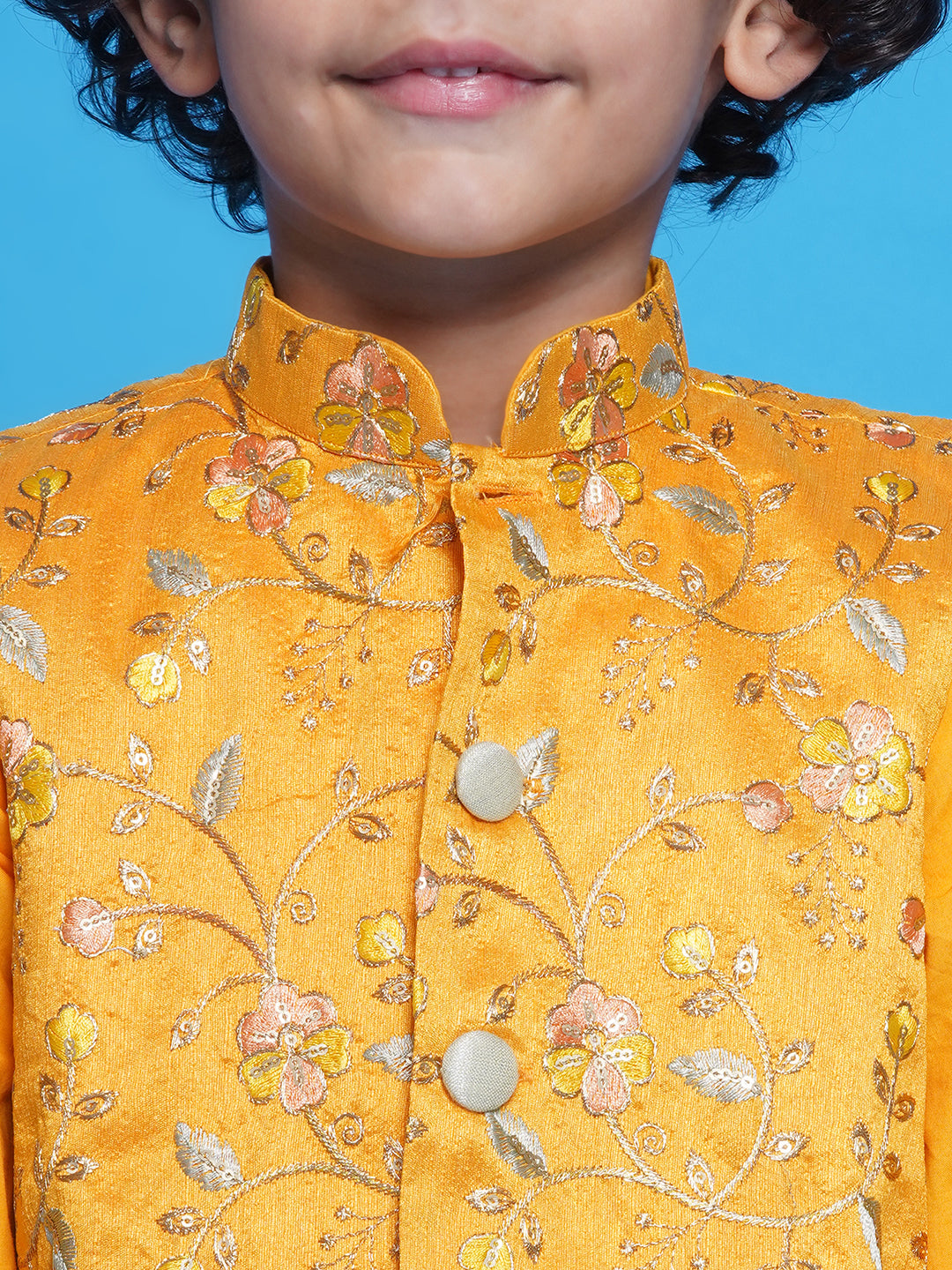 Boys Cotton Full Sleeves Kurta with Nehru Jacket and Dhoti with Floral Embrodiery -Haldi Yellow | SHOBITAM