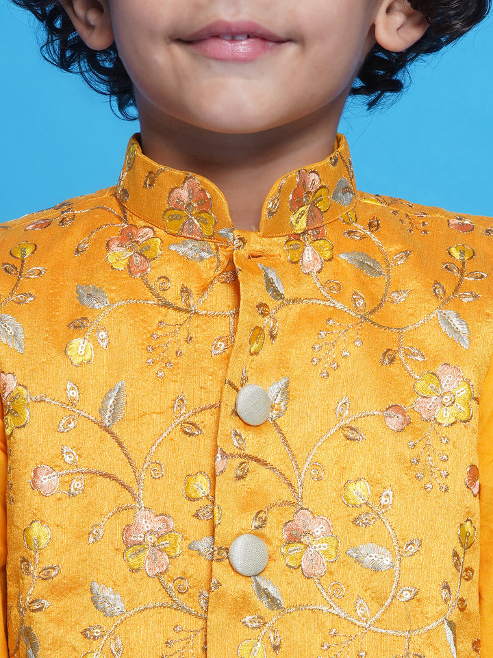Boys Cotton Full Sleeves Kurta with Nehru Jacket and Dhoti with Floral Embrodiery -Haldi Yellow | SHOBITAM