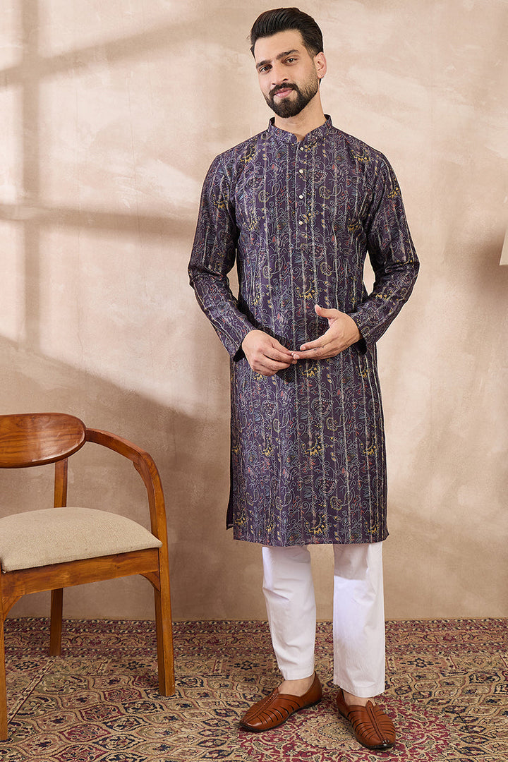 Violet Silk Blend Ethnic Motifs Printed Straight Kurta With Trouser | SHOBITAM