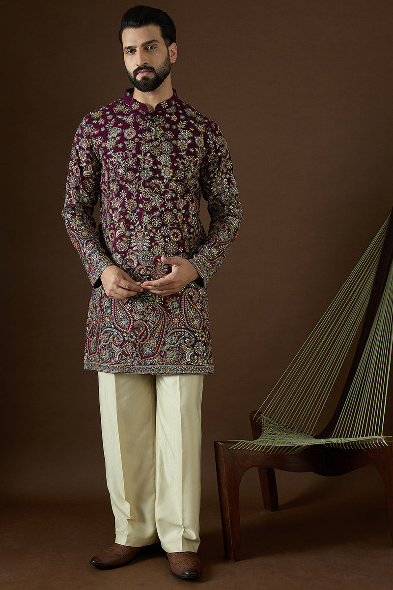 Wine Georgette Solid Embroidered Straight Kurta | SHOBITAM