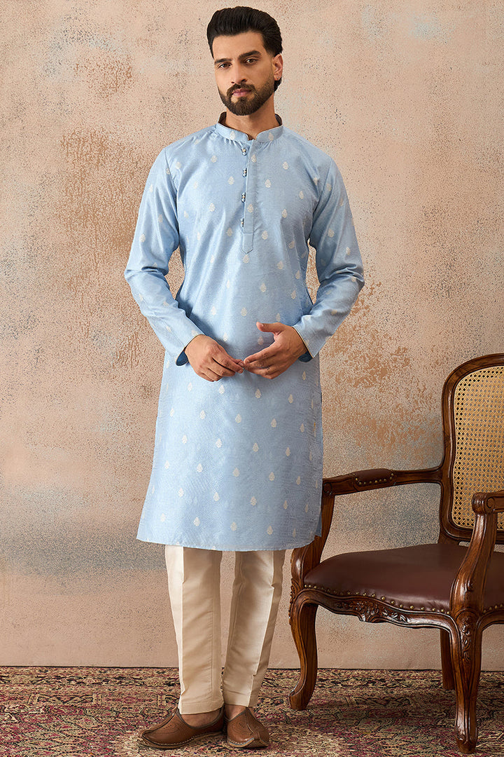 Mens Blue Silk Blend Floral Straight Kurta With Trouser | SHOBITAM
