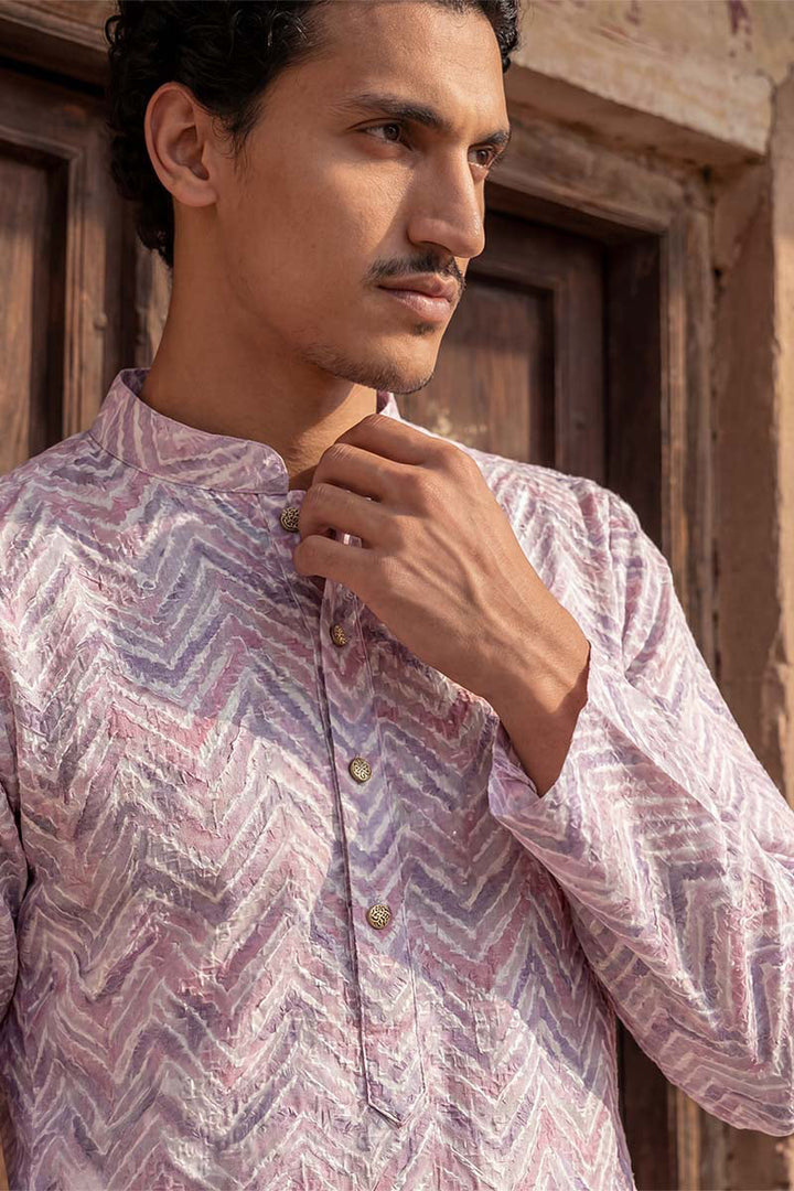 Lavender Linen Printed Straight Kurta With Trousers | SHOBITAM