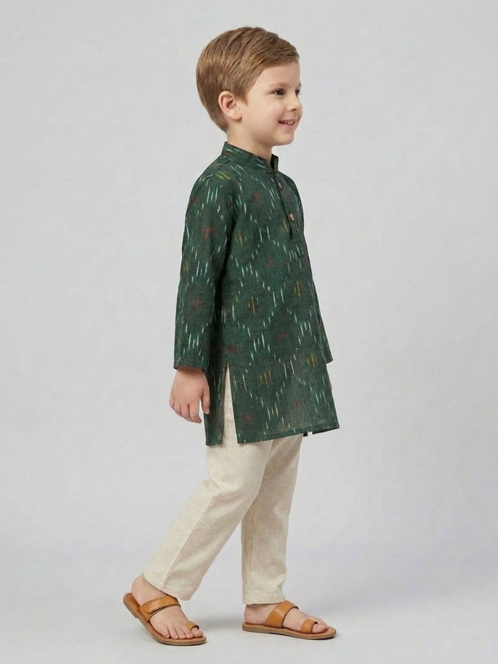 Boys Dark Green Ikat Printed Mandarin Collar Cotton Kurta Set | SHOBITAM