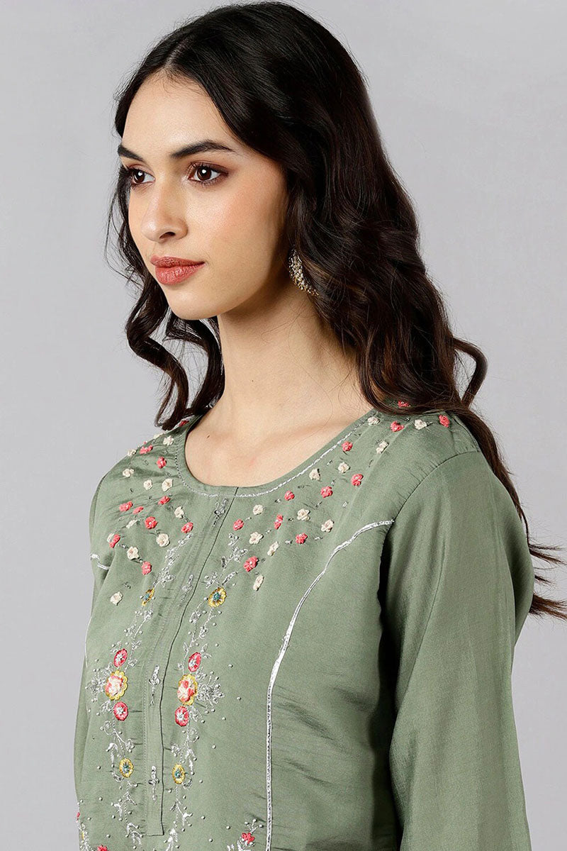 Olive Green Poly Silk Embroidered Straight Suit Set  | SHOBITAM