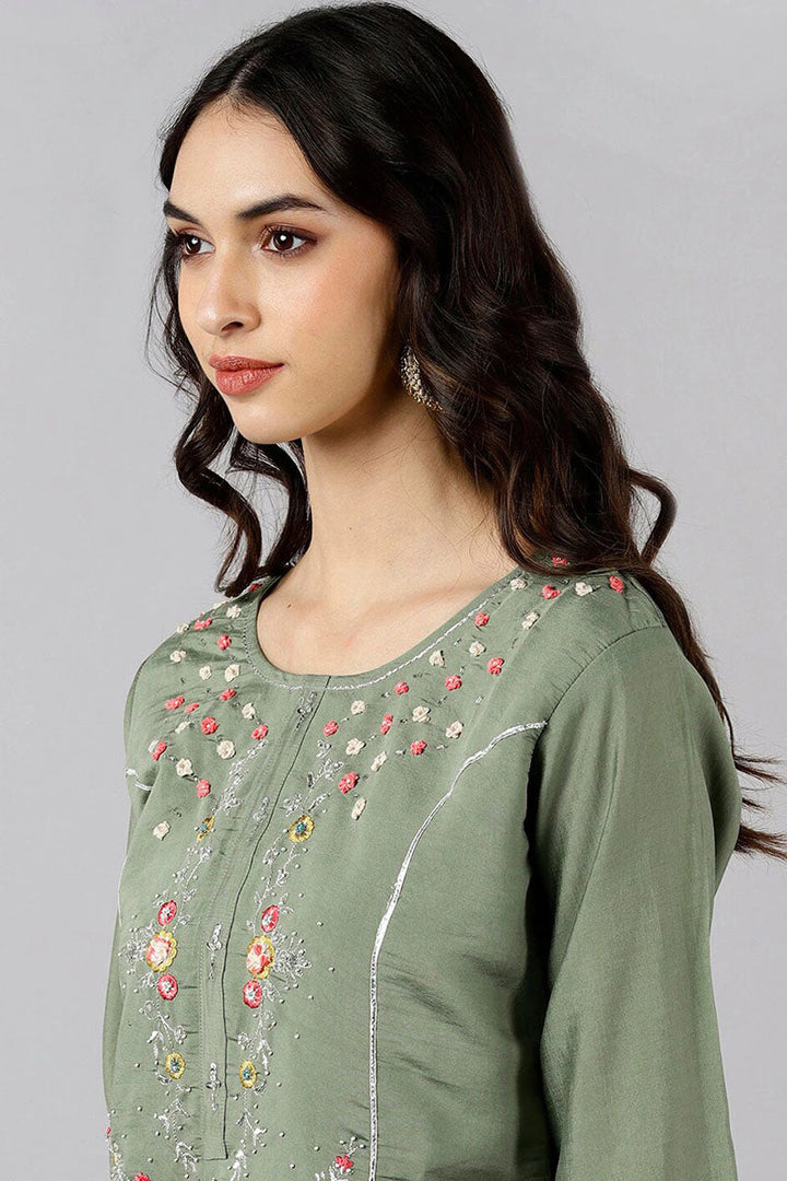 Olive Green Poly Silk Embroidered Straight Suit Set  | SHOBITAM