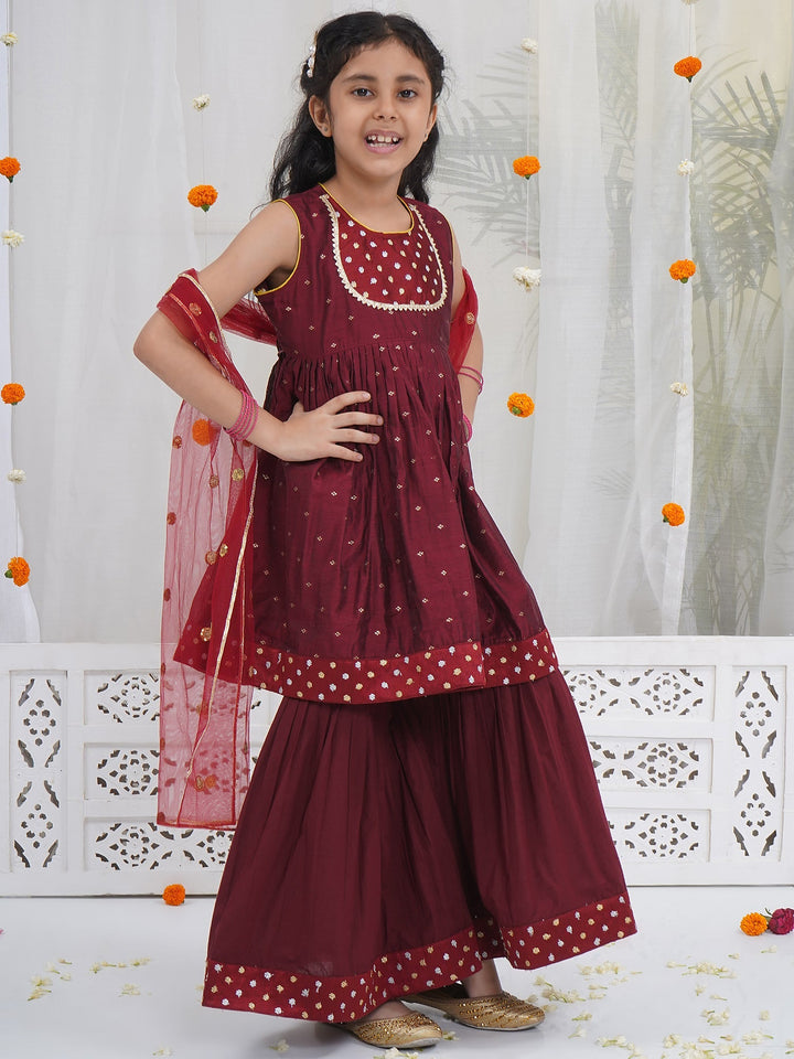 Girls Maroon Chanderi Semi-Silk Kurta Sharara Set with Dupatta and Cotton Lining | SHOBITAM