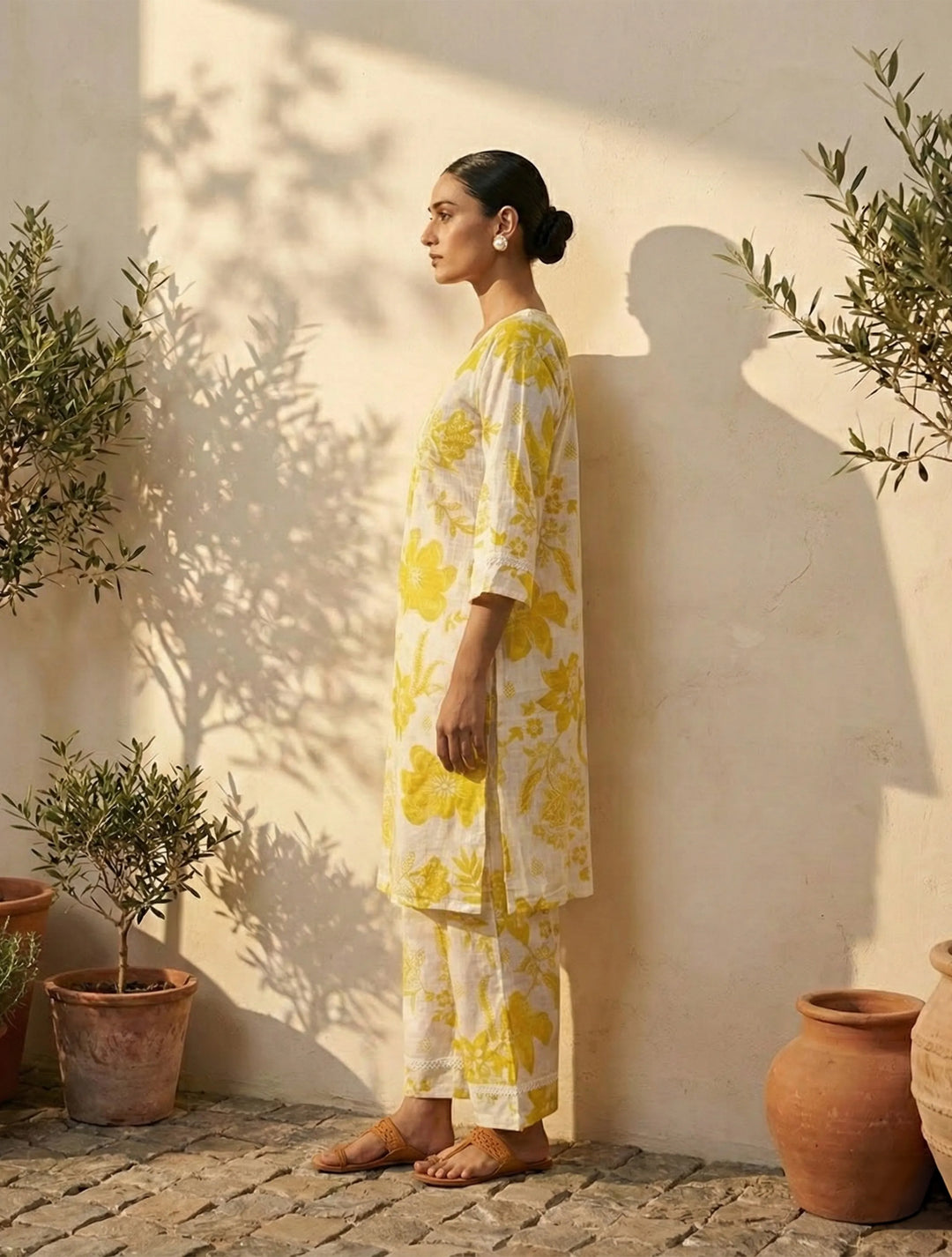 White Yellow Floral Print Kurta Pant Set | SHOBITAM