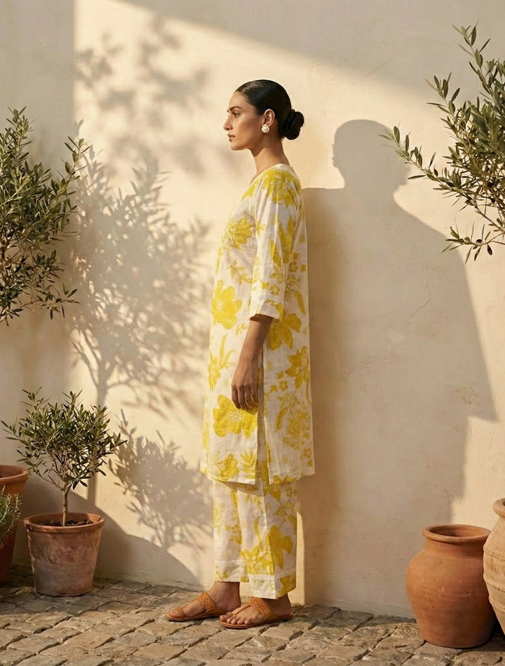 White Yellow Floral Print Kurta Pant Set | SHOBITAM