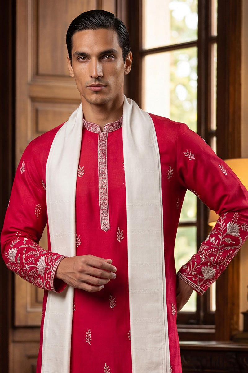 Men Pink Silk Blend Solid Embroidered Straight Kurta Trouser with Dupatta  | SHOBITAM