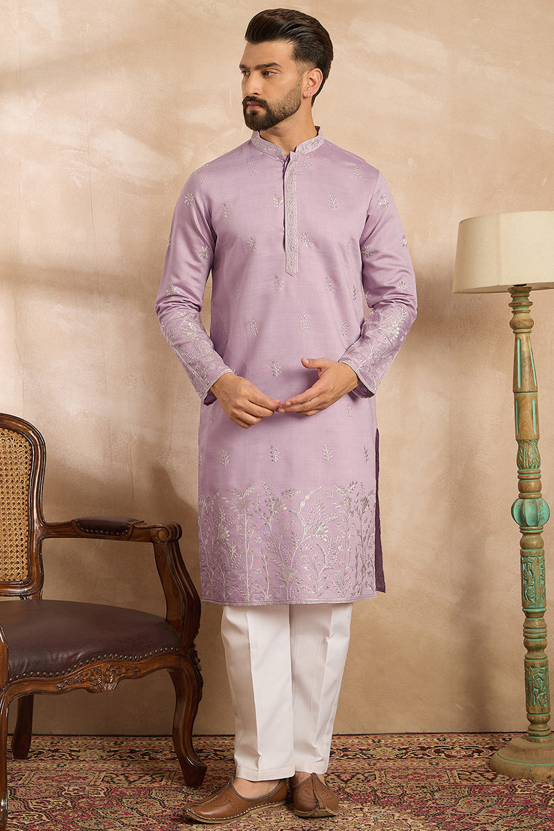 Lavender Silk Blend Floral Embroidered Straight Kurta | SHOBITAM
