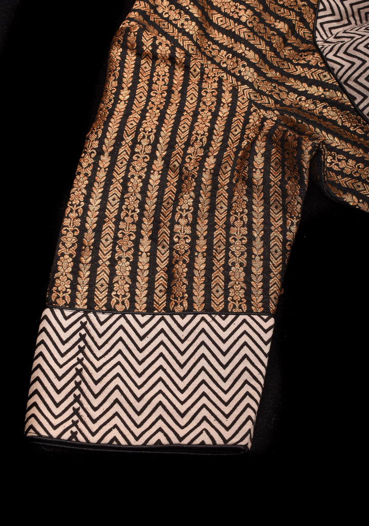 Black Banarasi antique zari blouse with Hand block print cotton detailing and  V neck Front