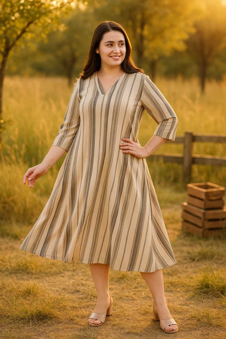 Plus Size Beige & Gray Striped Cotton Midi Dress  | Made to Order