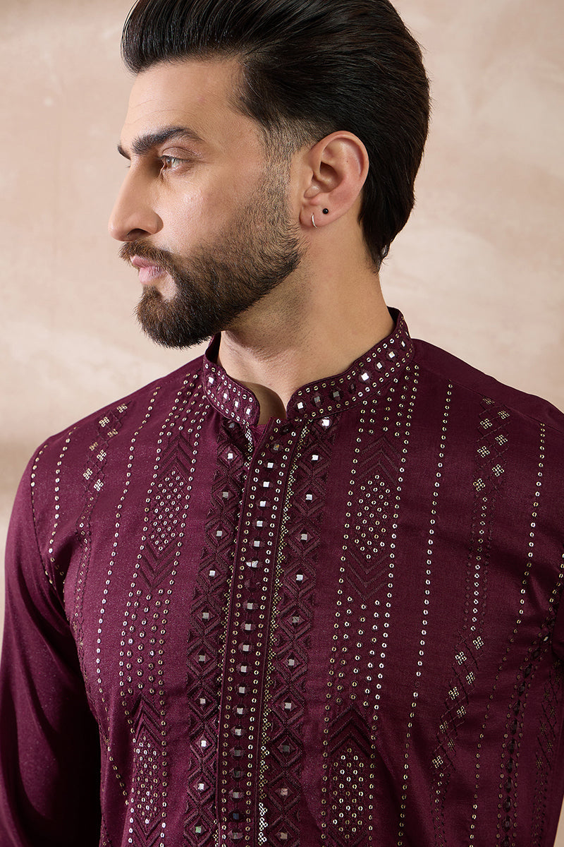 Purple Silk Blend Embroidered Mandarin Collar Straight Kurta For Men | SHOBITAM