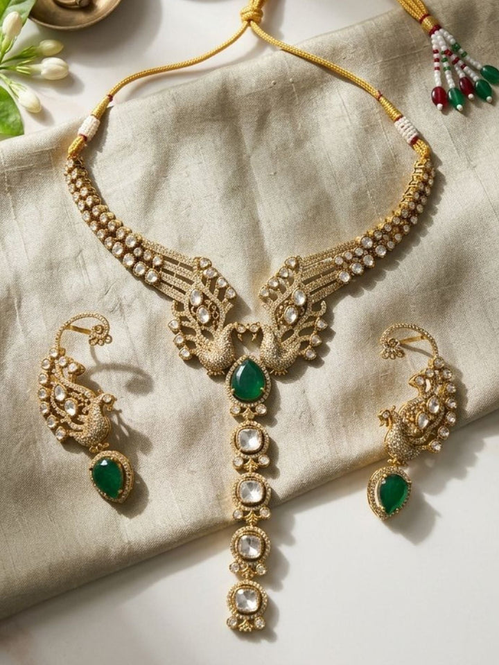 Peacock Design Kundan Necklace Set with Green Stone | Shobitam