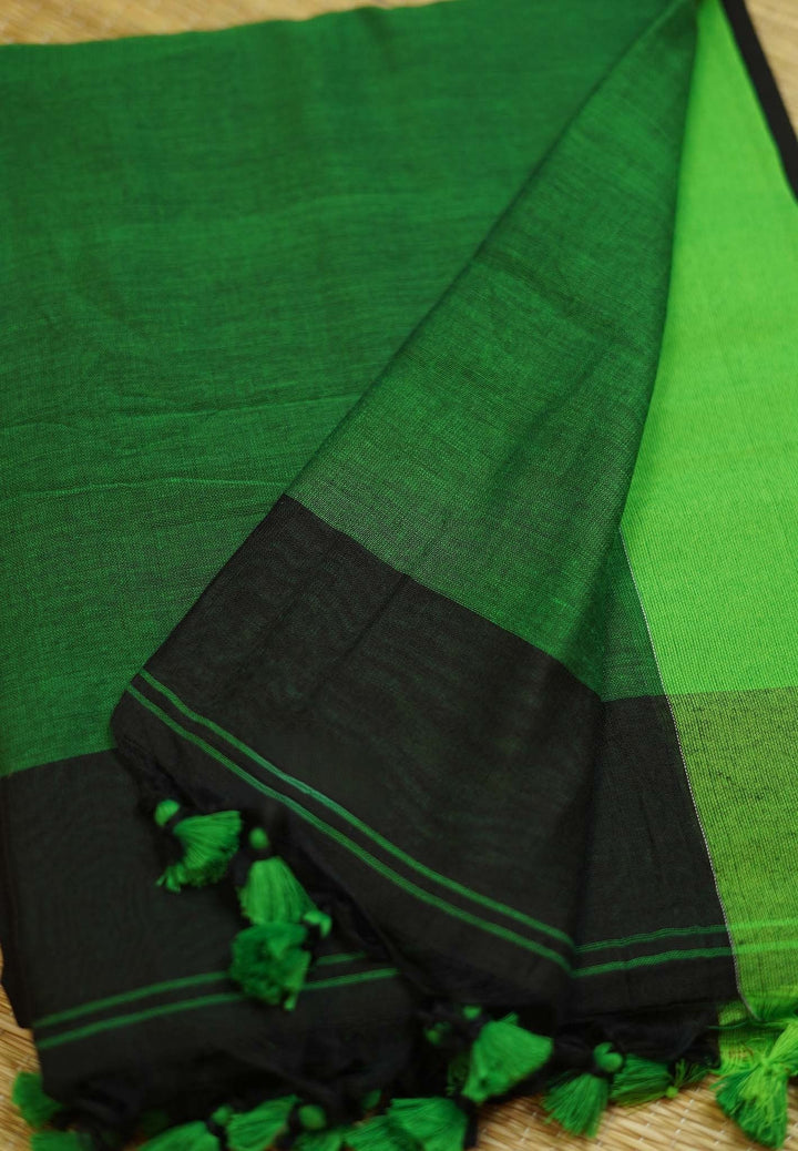 Black And Green Slub Cotton Saree  SHOBITAM