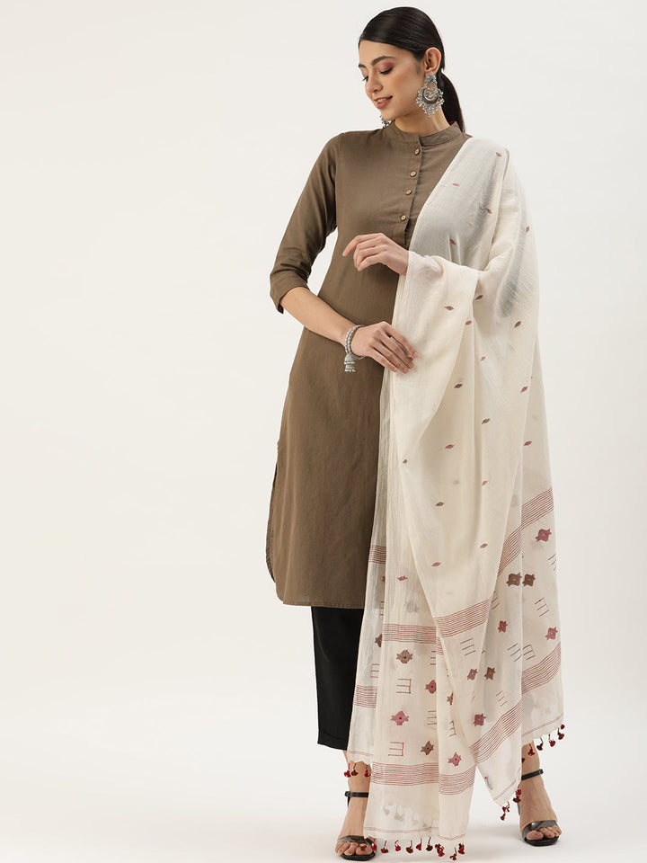 Handcrafted Jamdani Cotton Dupatta with tassels- NEW! | SHOBITAM