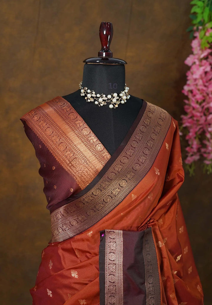 Rust Orange Art Silk Saree with Maroon Rettaipet Borders | SHOBITAM