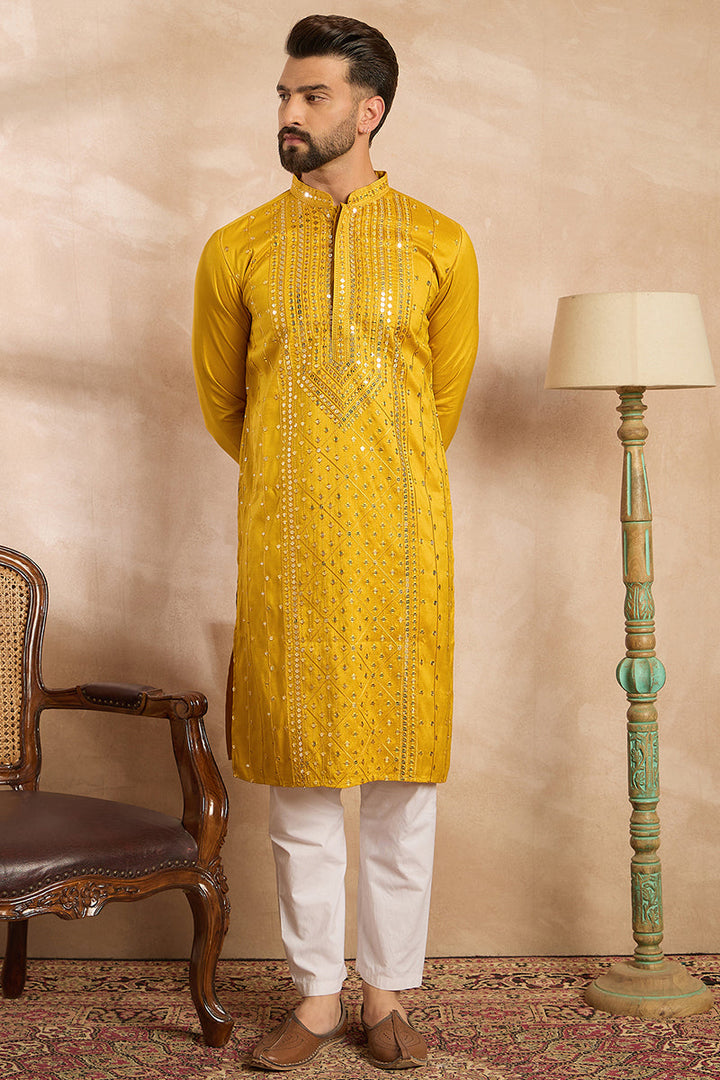 Yellow Silk Blend Geometric Embroidered Straight Kurta | SHOBITAM