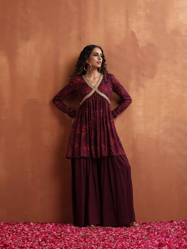 Purple Floral Print Sharara Set | SHOBITAM