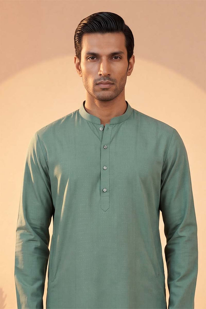 Mens Green Silk Blend Solid Solid Kurta With Trousers | SHOBITAM