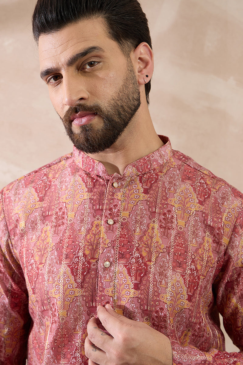 Pink Silk Blend Printed Mandarin Collar Straight Kurta With Trouser | SHOBITAM